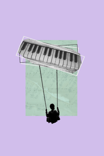 a person on a swing with a piano keyboard