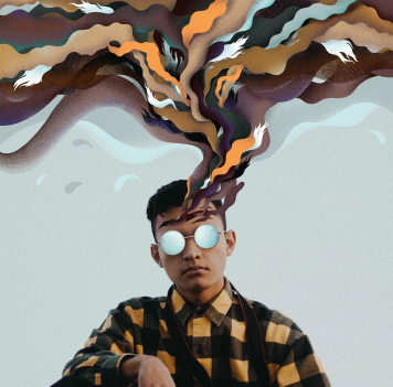 a person with glasses and smoke coming out of his head